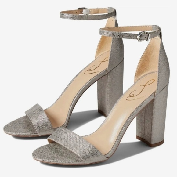NWOT Sam Edelman Taro Pewter Metallic Ankle Strap Heel 9 - Picture 1 of 14